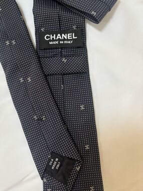 CHANEL Navy and White Microdot Silk Tie with Logo Motif